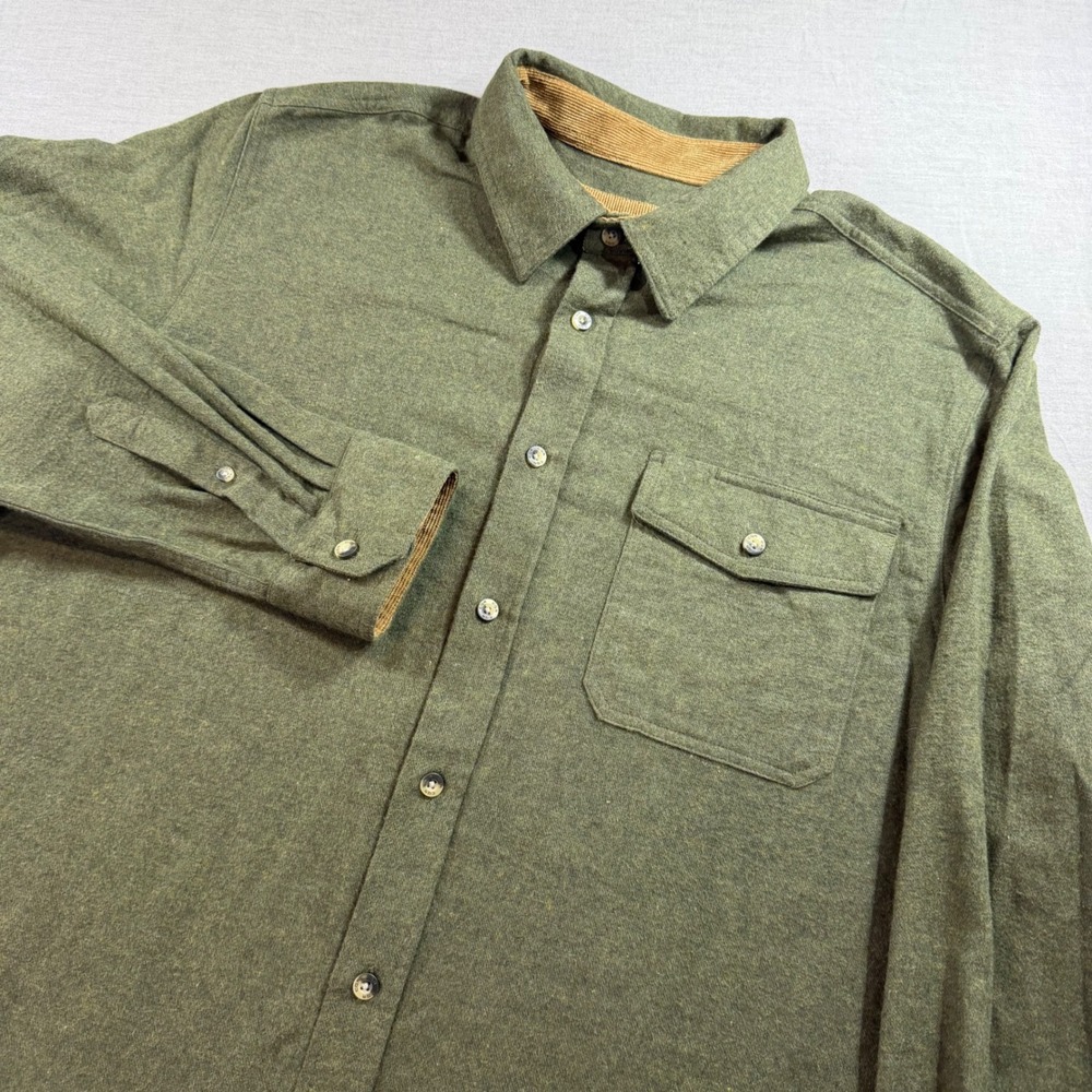 CQR Flannel Shirt Mens Large Olive Green Excellent Cotton Corduroy Trim